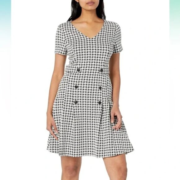 DKNY Black and White Houndstooth Midi Dress Size 16 - Picture 1 of 8